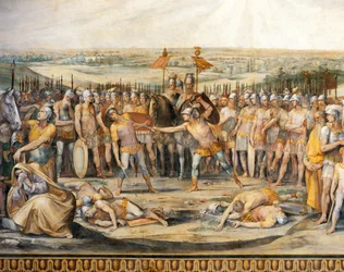 Combat between Horatii and Curiatii, by Giuseppe Cesari, fresco, Hall of Horatii and Curiatii, Conservatories Palace, Rome, Roman Kingdom, Italy