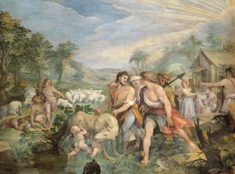 Romulus and Remus, Suckled by Wolf, Found by Faustulus on Banks of Tiber