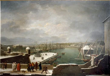 View of the Port of Genoa Covered with Snow