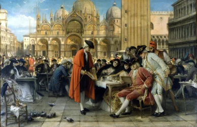 The painter Francesco Guardi sells his paintings in front of the Florian café. 1892. Painting by Giuseppe Bertini. Galleria d