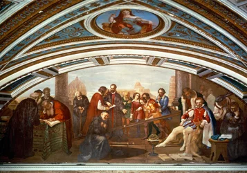 Galileo Galilei demonstrating law of gravity in presence of Giovanni De