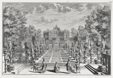 Setting for an opera in a garden, from Architectus Theatralis Primarius, engraved by Johann Andreas Pfeffel