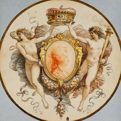 An Oval Portrait of a Woman in Profile with a Decorative Border of Grotesques and Swags, with Flanking Allegorical Figures of Fame and Victory Holding a Coronet