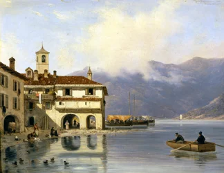 Como. Shore and port of Menaggio (1850). Painting by Canella. Menaggio (Como)