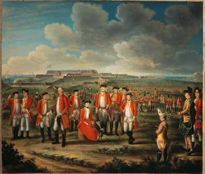 Lady Louisa Lennox with her husband’s Regiment, 25th Regiment of Foot, with Lord George Lennox beside her, and Fort St Philip, Port Mahon, in the background, c.1771