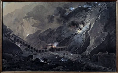 First Italian Campaign (1796-1797): Passage of French artillery, by night, under the Fort of Bard, occupied by the Austrians on 21 May 1800