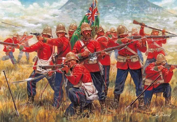 Anglo-Zulu War: soldiers of the British Empire at the Battle of Isandhlwana (Isandlwana or Isandula) in South Africa, 22/01/1879 - Illustration by Giuseppe Rava