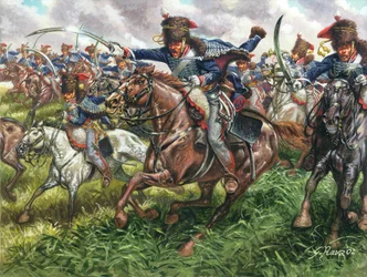Charge of the 15th Regiment of British Dragoons at the Battle of Waterloo on 18th June 1815 (Illustration by Giuseppe Rava)