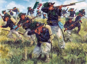 Italian Campaign of 1859 (Second Italian Independence War): bersaglieri (bersagliers) of the Italian army in action - Illustration by Giuseppe Rava