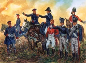 Arthur Wellesley, Duke of Wellington, and Gebhard Leberecht von Blucher at the Battle of Waterloo 18 June 1815 (Illustration by Giuseppe Rava)
