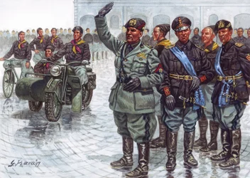 The Duce Benito Mussolini with Black Shirts during a Military Parade