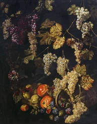 Still life with grapes, vine leaves and other fruit