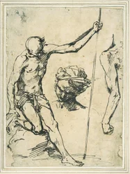 Figure studies: man holding a pole, head of a man with a turban, and a left arm seen from behind