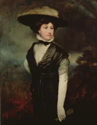 Portrait of Amy Bird, the actress, standing three-quarter length, in black, a landscape beyond, c. 1909
