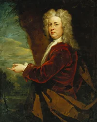 Portrait of a Gentleman, Standing Half Length, Wearing a Red Velvet Jacket and a Brown Cloak in a Park