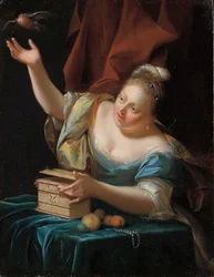 A Woman, Seated by a Table in Fancy Costume, Freeing a Songbird from Its Cage