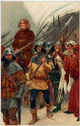 Surrounded by armed men, Wallace was taken to Westminster Hall to be tried as a traitor. Illustration from Heroes & Heroines of English History by Alice S. Hoffman