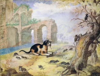 Cat killing mice in a landscape