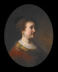 Woman in a Red Dress and Pearls