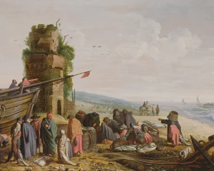 Fisherfolk on the Beach with their Catch