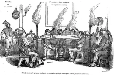 Cartoon of Grandville depicting a corporal and his men in the Salle des Barbes sitting with a steam machine shaving them without the help of a barber. In 