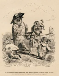 Two Little Hares with Their Big Sister Stopped by an Owl in a Field. A Fox Hunting Behind Them. Illustrated Vignettes by JJ Granville. Engraving signed Breviere in the section 