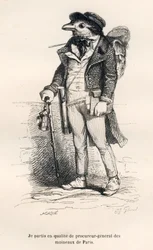 The Attorney General of the Sparrows of Paris. Illustrated vignettes by JJ Granville. Engraving signed Caque in the section titled 