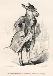 Donkey academician laden with works. Vignettes illustrated by J. J. Grandville. Engraving signed by Caque in the section entitled "Donkey