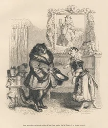 Court tomcat greeting a young female cat. Vignettes illustrated by J. J. Grandville. Engraving signed by Brevière in the section entitled "Heartaches of an English Cat", written by Honoré de Balzac, in "Scenes from the Private and Public Life of Animals".