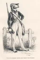 Dog in Hunting Clothes. Illustrated Vignettes by JJ Granville. Engraving Signed Caque in the Section Entitled 