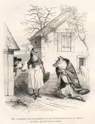 Conversation Between a Dog, a Hen and a Fox. Illustrated Vignettes by JJ Granville. Engraving Signed Godard in the Section Titled 