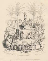 Political Speech of the Lion in a Tribune Surrounded by All the Other Animals. Illustrated Vignettes by JJ Granville. Engraving Signed Godard in the Prologue 