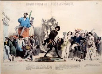 Great Race to the Academical Bell Tower. The Writers Alfred de Vigny, Eugene Sue, Alexandre Dumas, and Honore de Balzac are Recognized. Engraving by Gerard Grandville