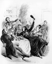 Lunch of boys from the two sexes: men and women drinking alcohol and smoking, drawing by Jean Ignace Isidore aka JJ Grandville