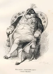 Peacock Sitting on His Armchair. Illustrated vignettes by JJ Granville. Engraving signed Porret in the section titled 