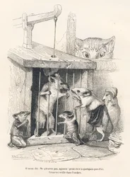 Trap: Cat Watching Mice Come to Mourn the One Who Was Imprisoned. Illustrated Vignettes by JJ Granville. Engraving signed Andrew, Best and Leloir in the section 