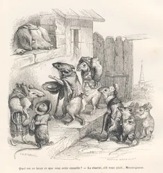 Mouse Giving Charity to a Pig. Illustrated vignettes by JJ Granville. Engraving signed Andrew, Best and Leloir in the section titled 