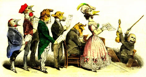 The Vocal Concert - Chorale: Singers with Animal Heads and Choir Conductor Represented as a Monkey - Lithography by Grandville (Jean Ignace Isidore Gerard 1808-1847) from the Book 