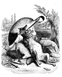 The Wolf and the Stork: La Fontaine Fable Illustrated by Grandville. Edition Garnier 1860. The Stork is Represented as a Doctor
