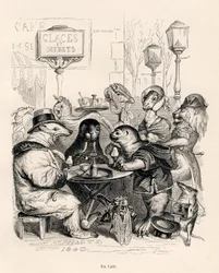 A Cafe Frequented by Animals of All Kinds. Illustrated Vignettes by JJ Granville. Engraving Signed Godard in the Section Titled 