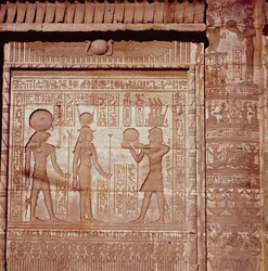 Relief depicting a pharaoh making an offering to Hathor and Horus, from the Roman Birth House, or Mammisi, at Dendera, c. 125 BC-AD 60