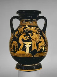 Apulian red-figure pelike decorated with a scene of a bride at her toilette, the Suckling Group, found at Basilicata