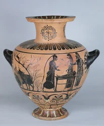 Archaic Ionian Hydria depicting Hermes pretending to be asleep, from Cerveteri