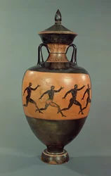 Attic black-figure Panathenaic amphora decorated with running men, 375-370 BC