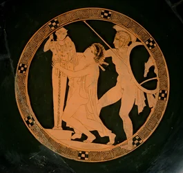 Attic red-figure cup depicting Cassandra chased by Ajax seeking refuge by a xoanon of Athena, c.430 BC