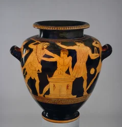Attic red-figure stamnos decorated with Heracles and Busiris, the King of Egypt, by a late follower of the Berlin Painter, from Vulci, c. 470-460 BC