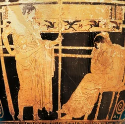 Attic skyphos by the painter of Thelemacus portraying Penelope and Telemachus