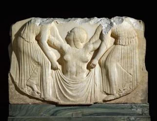 Greek art: “The birth of Venus emerging from the waves supported by the Horae” Relief of the Ludovisi Throne, from Locri. 460-450 BC - Museo Nazionale Romano (Palazzo Altemps) - Magna Graecia (Great Greece): Ludovisi Throne; the birth of Aphrodite - Marble