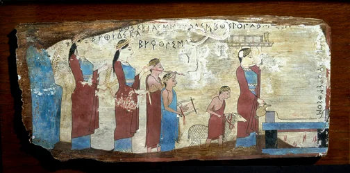 Greek antiquity: Sacrifice of a lamb. Wooden panel from Sicyon on the Gulf of Corinth. 6th century BC. Athens, National Archaeological Museum