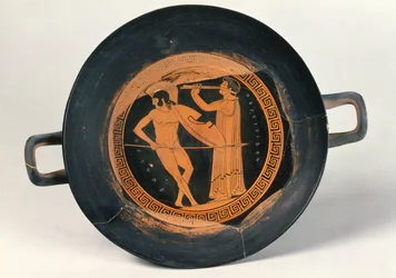 Greek red-figure cup, depicting a warrior dancing the Pyrrhic, by Aristeides the Elder